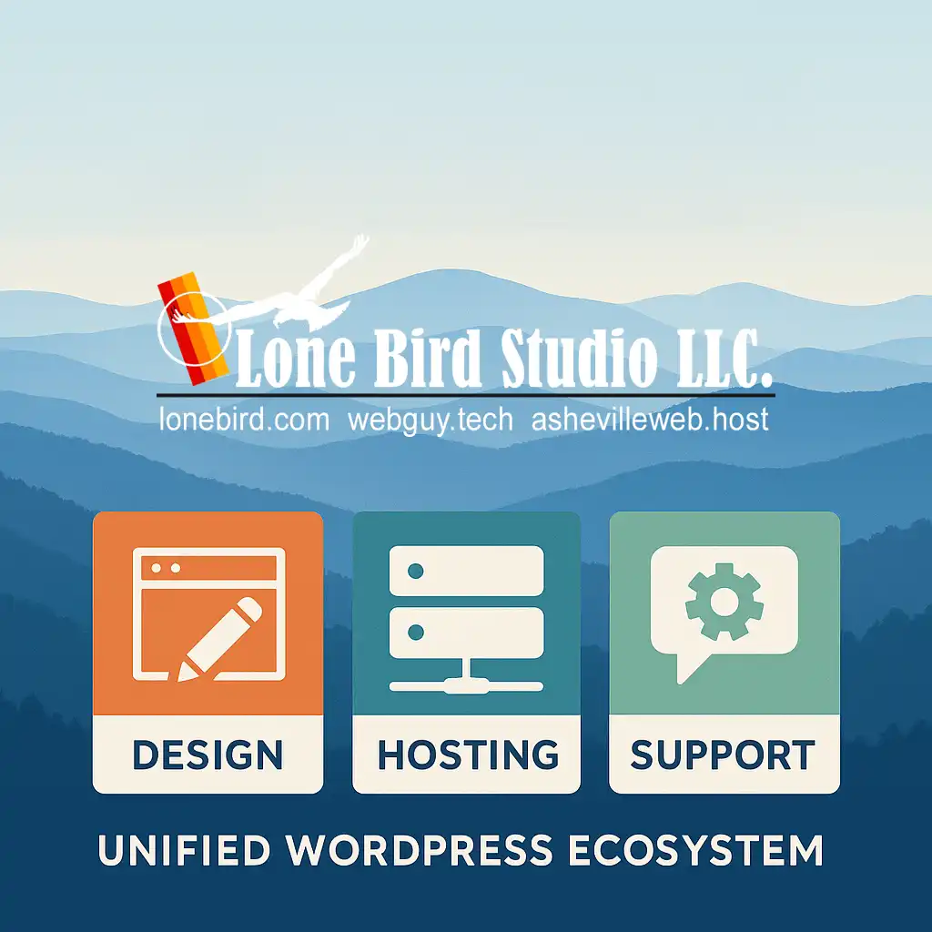 Unified WordPress ecosystem showing design, hosting, and support working together under Lone Bird Studio