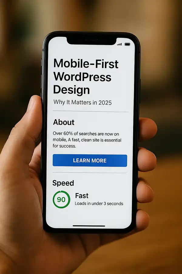 Mobile-first WordPress design on a smartphone with fast load speed and clean layout