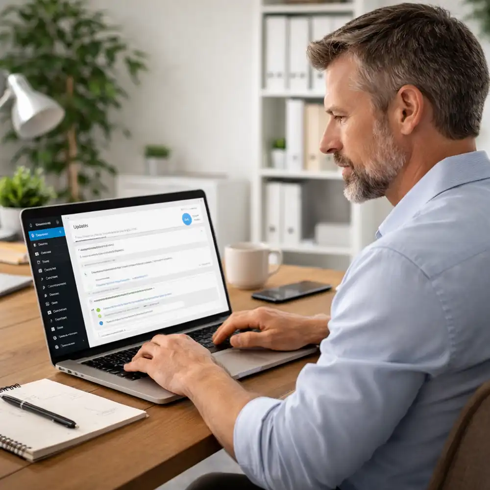 Business owner reviewing a website dashboard showing WordPress updates and security patches being applied.