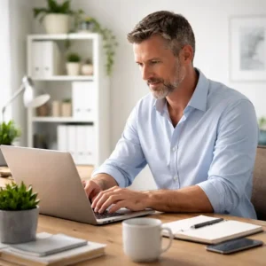 Busy business owner calmly working at a desk with a laptop, demonstrating stress-free website maintenance.